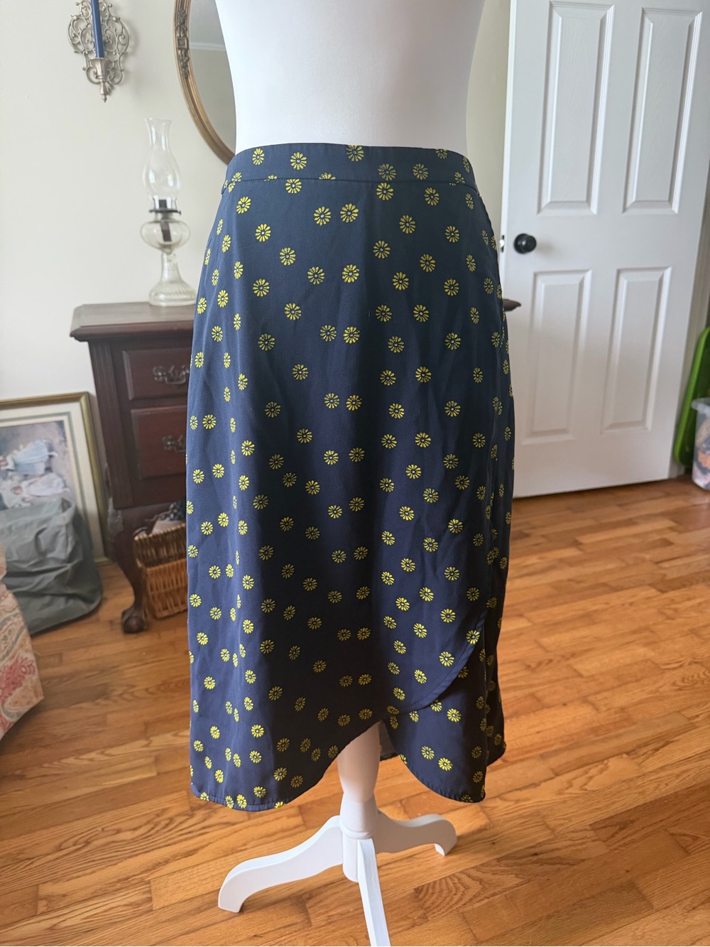 J. Crew Navy High-Low Skirt with Yellow Daisy Print